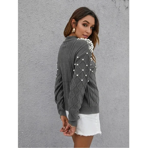 Pearl Embellished Grey Knit Textured Sweater - Picture 5 of 8